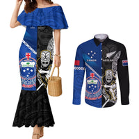 Custom New Zealand And Samoa Rugby Couples Matching Mermaid Dress and Long Sleeve Button Shirts All Black Tiki Fern Mix Manu Samoa 2023 World Cup LT14 Black - Polynesian Pride