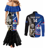 Custom New Zealand And Samoa Rugby Couples Matching Mermaid Dress and Long Sleeve Button Shirts All Black Tiki Fern Mix Manu Samoa 2023 World Cup LT14 - Polynesian Pride