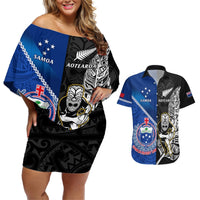 Custom New Zealand And Samoa Rugby Couples Matching Off Shoulder Short Dress and Hawaiian Shirt All Black Tiki Fern Mix Manu Samoa 2023 World Cup LT14 Black - Polynesian Pride