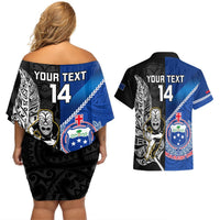 Custom New Zealand And Samoa Rugby Couples Matching Off Shoulder Short Dress and Hawaiian Shirt All Black Tiki Fern Mix Manu Samoa 2023 World Cup LT14 - Polynesian Pride