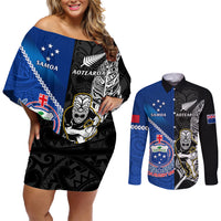 Custom New Zealand And Samoa Rugby Couples Matching Off Shoulder Short Dress and Long Sleeve Button Shirts All Black Tiki Fern Mix Manu Samoa 2023 World Cup LT14 Black - Polynesian Pride