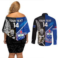 Custom New Zealand And Samoa Rugby Couples Matching Off Shoulder Short Dress and Long Sleeve Button Shirts All Black Tiki Fern Mix Manu Samoa 2023 World Cup LT14 - Polynesian Pride