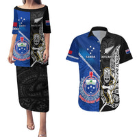 Custom New Zealand And Samoa Rugby Couples Matching Puletasi Dress and Hawaiian Shirt All Black Tiki Fern Mix Manu Samoa 2023 World Cup LT14 Black - Polynesian Pride