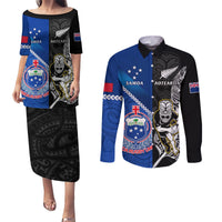 Custom New Zealand And Samoa Rugby Couples Matching Puletasi Dress and Long Sleeve Button Shirts All Black Tiki Fern Mix Manu Samoa 2023 World Cup LT14 Black - Polynesian Pride