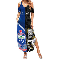 Custom New Zealand And Samoa Rugby Summer Maxi Dress All Black Tiki Fern Mix Manu Samoa 2023 World Cup LT14 Women Black - Polynesian Pride