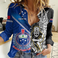 Custom New Zealand And Samoa Rugby Women Casual Shirt All Black Tiki Fern Mix Manu Samoa 2023 World Cup LT14 Female Black - Polynesian Pride