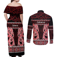 Kia Ora New Zealand Couples Matching Off Shoulder Maxi Dress and Long Sleeve Button Shirt Maori Language Week Whero Taniko Motif - Polynesian Pride