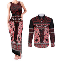 Kia Ora New Zealand Couples Matching Tank Maxi Dress and Long Sleeve Button Shirt Maori Language Week Whero Taniko Motif - Polynesian Pride