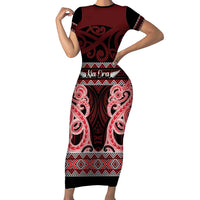 Kia Ora New Zealand Family Matching Short Sleeve Bodycon Dress and Hawaiian Shirt Maori Language Week Whero Taniko Motif - Polynesian Pride