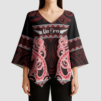 Kia Ora New Zealand Kimono Sleeve Blouse Maori Language Week Whero Taniko Motif - Polynesian Pride