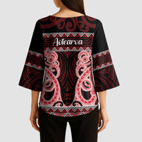 Kia Ora New Zealand Kimono Sleeve Blouse Maori Language Week Whero Taniko Motif - Polynesian Pride