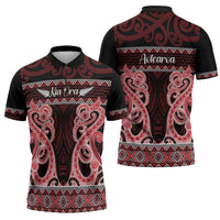 Kia Ora New Zealand Zipper Polo Shirt Maori Language Week Whero Taniko Motif - Polynesian Pride