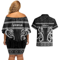 Kia Ora New Zealand Couples Matching Off Shoulder Short Dress and Hawaiian Shirt Maori Language Week Pango Taniko Motif - Polynesian Pride