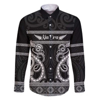 Kia Ora New Zealand Family Matching Off The Shoulder Long Sleeve Dress and Hawaiian Shirt Maori Language Week Pango Taniko Motif - Polynesian Pride