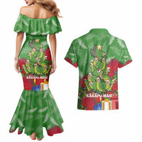 Kakapo New Zealand Christmas Couples Matching Mermaid Dress and Hawaiian Shirt Meri Kirihimete Pohutukawa - Green Color LT14 - Polynesian Pride