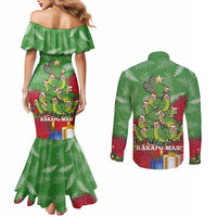 Kakapo New Zealand Christmas Couples Matching Mermaid Dress and Long Sleeve Button Shirt Meri Kirihimete Pohutukawa - Green Color
