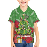Kakapo New Zealand Christmas Family Matching Long Sleeve Bodycon Dress and Hawaiian Shirt Meri Kirihimete Pohutukawa - Green Color LT14 Son's Shirt Green - Polynesian Pride
