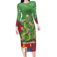 Kakapo New Zealand Christmas Long Sleeve Bodycon Dress Meri Kirihimete Pohutukawa - Green Color LT14 Long Dress Green - Polynesian Pride