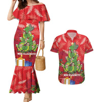 Kakapo New Zealand Christmas Couples Matching Mermaid Dress and Hawaiian Shirt Meri Kirihimete Pohutukawa - Red Color LT14 Red - Polynesian Pride