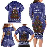 Kiwi New Zealand Christmas Family Matching Long Sleeve Bodycon Dress and Hawaiian Shirt Meri Kirihimete Silver Fern - Blue Color LT14 - Polynesian Pride