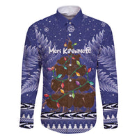 Kiwi New Zealand Christmas Family Matching Long Sleeve Bodycon Dress and Hawaiian Shirt Meri Kirihimete Silver Fern - Blue Color LT14 Dad's Shirt - Long Sleeve Blue - Polynesian Pride