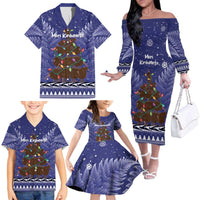 Kiwi New Zealand Christmas Family Matching Off The Shoulder Long Sleeve Dress and Hawaiian Shirt Meri Kirihimete Silver Fern - Blue Color LT14 - Polynesian Pride
