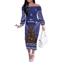 Kiwi New Zealand Christmas Family Matching Off The Shoulder Long Sleeve Dress and Hawaiian Shirt Meri Kirihimete Silver Fern - Blue Color LT14 Mom's Dress Blue - Polynesian Pride