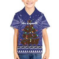 Kiwi New Zealand Christmas Family Matching Off The Shoulder Long Sleeve Dress and Hawaiian Shirt Meri Kirihimete Silver Fern - Blue Color LT14 Son's Shirt Blue - Polynesian Pride