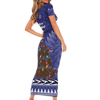 Kiwi New Zealand Christmas Family Matching Short Sleeve Bodycon Dress and Hawaiian Shirt Meri Kirihimete Silver Fern - Blue Color LT14 - Polynesian Pride