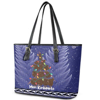 Kiwi New Zealand Christmas Leather Tote Bag Meri Kirihimete Silver Fern - Blue Color LT14 - Polynesian Pride