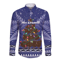 Kiwi New Zealand Christmas Long Sleeve Button Shirt Meri Kirihimete Silver Fern - Blue Color