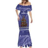 Kiwi New Zealand Christmas Mermaid Dress Meri Kirihimete Silver Fern - Blue Color LT14 - Polynesian Pride