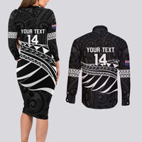 Custom Aotearoa Ice Hockey Couples Matching Long Sleeve Bodycon Dress and Long Sleeve Button Shirt NZ Tiki Mascot - Maori Pattern