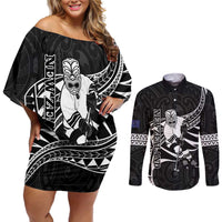 Custom Aotearoa Ice Hockey Couples Matching Off Shoulder Short Dress and Long Sleeve Button Shirt NZ Tiki Mascot - Maori Pattern