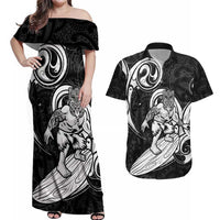 Personalised New Zealand Surfing Couples Matching Off Shoulder Maxi Dress and Hawaiian Shirt Aotearoa Maori Tiki Haka
