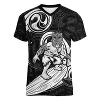 Personalised New Zealand Surfing Women V-Neck T-Shirt Aotearoa Maori Tiki Haka LT14 Female Black - Polynesian Pride