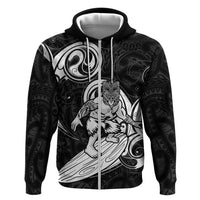 Personalised New Zealand Surfing Zip Hoodie Aotearoa Maori Tiki Haka LT14 Zip Hoodie Black - Polynesian Pride