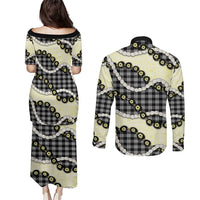 Black Palaka Hawaii Couples Matching Puletasi and Long Sleeve Button Shirt Kukui Nut Pikake Lei Hawaiian Tapa Pattern - Polynesian Pride