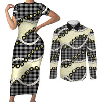 Black Palaka Hawaii Couples Matching Short Sleeve Bodycon Dress and Long Sleeve Button Shirt Kukui Nut Pikake Lei Hawaiian Tapa Pattern - Polynesian Pride