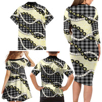 Black Palaka Hawaii Family Matching Long Sleeve Bodycon Dress and Hawaiian Shirt Kukui Nut Pikake Lei Hawaiian Tapa Pattern LT14 - Polynesian Pride