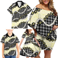 Black Palaka Hawaii Family Matching Off Shoulder Short Dress and Hawaiian Shirt Kukui Nut Pikake Lei Hawaiian Tapa Pattern LT14 - Polynesian Pride