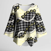 Black Palaka Hawaii Kimono Sleeve Blouse Kukui Nut Pikake Lei Hawaiian Tapa Pattern - Polynesian Pride