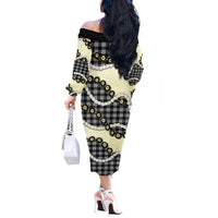 Black Palaka Hawaii Off The Shoulder Long Sleeve Dress Kukui Nut Pikake Lei Hawaiian Tapa Pattern - Polynesian Pride