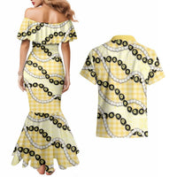 Yellow Palaka Hawaii Couples Matching Mermaid Dress and Hawaiian Shirt Kukui Nut Pikake Lei Hawaiian Tapa Pattern - Polynesian Pride