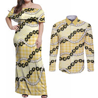Yellow Palaka Hawaii Couples Matching Off Shoulder Maxi Dress and Long Sleeve Button Shirt Kukui Nut Pikake Lei Hawaiian Tapa Pattern - Polynesian Pride