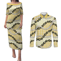 Yellow Palaka Hawaii Couples Matching Puletasi and Long Sleeve Button Shirt Kukui Nut Pikake Lei Hawaiian Tapa Pattern - Polynesian Pride