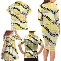 Yellow Palaka Hawaii Family Matching Long Sleeve Bodycon Dress and Hawaiian Shirt Kukui Nut Pikake Lei Hawaiian Tapa Pattern LT14 - Polynesian Pride