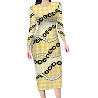 Yellow Palaka Hawaii Family Matching Long Sleeve Bodycon Dress and Hawaiian Shirt Kukui Nut Pikake Lei Hawaiian Tapa Pattern LT14 Mom's Dress Yellow - Polynesian Pride