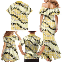 Yellow Palaka Hawaii Family Matching Mermaid Dress and Hawaiian Shirt Kukui Nut Pikake Lei Hawaiian Tapa Pattern LT14 - Polynesian Pride
