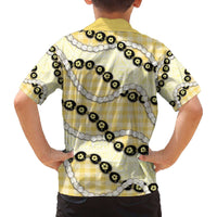 Yellow Palaka Hawaii Family Matching Off The Shoulder Long Sleeve Dress and Hawaiian Shirt Kukui Nut Pikake Lei Hawaiian Tapa Pattern LT14 - Polynesian Pride